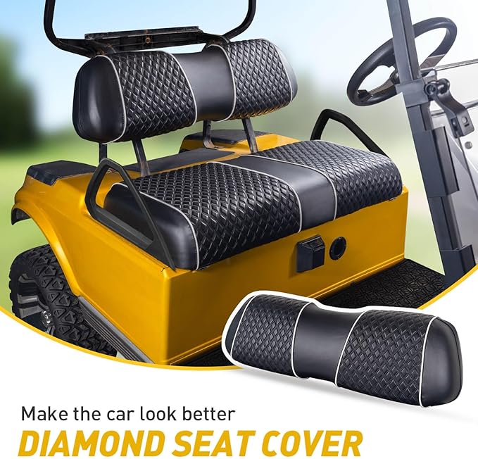 NOKINS Golf Cart Seat Covers Fit for Club Car DS 2000.5-Up OEM Standard Front Seat Cushion, Backrest Vinyl Litte Diamond Seat Covers, No Stapler Required (Black&White Piping)