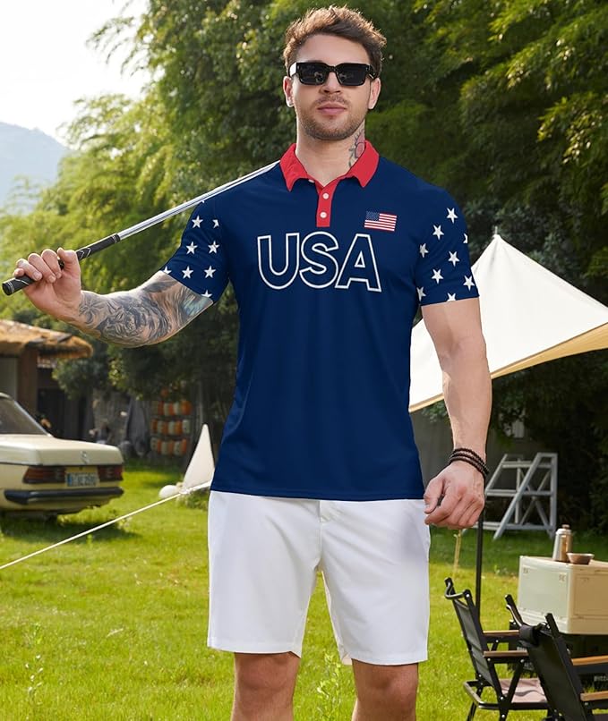 Golf Polo Shirts for Men Funny Print Short Sleeve Golf Shirts Performance Golf Polos