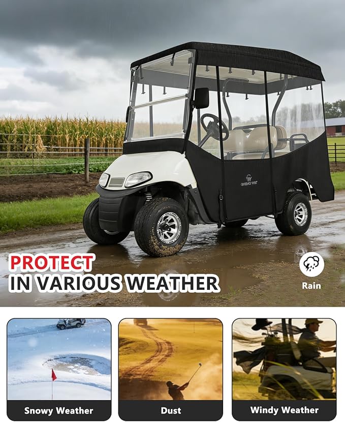 Golf Cart Enclosures 4 Passenger 80“ Extended Roof for Ezgo RXV,600D Clear Rain Cover Driving Enclosure 4 Seater,Full Roll Up 4 Sided Transparent Windows&Door Heavy Duty Zipper,Side Mirrors Openings