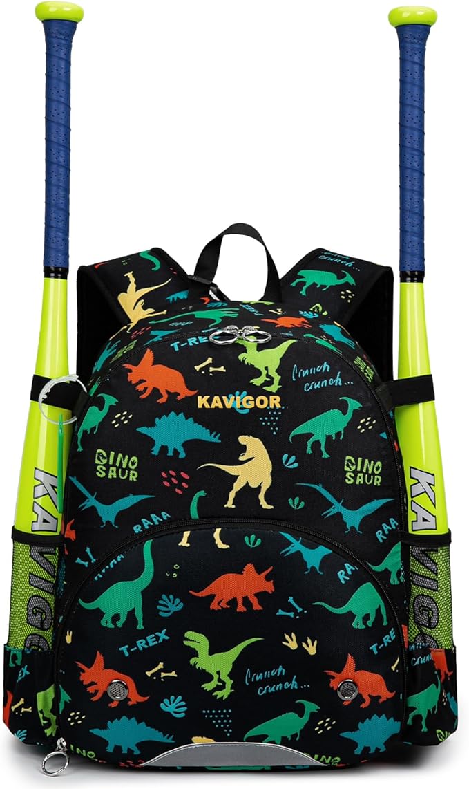 KAVIGOR Youth Tball Baseball Backpack, Lightweight Softball Bag with Shoes Compartment & Name Tag, Reinforced Zippers & Seams