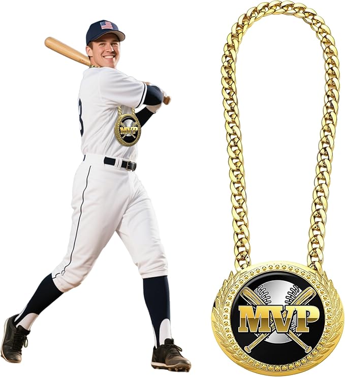 Goutoports Baseball Chain MVP Medal Award – 6" Oversized Gold Turnover Chain Trophy Necklace Prize for Team Champion, Little League, Youth Baseball, Tournament Winner, Banquets Party Gifts