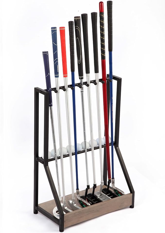 Golf Club Holder for 9 Clubs & 9 Balls, Solid Wood & Iron Golf Organizer, Golf Putter Holder Floor Stand, Golf Club Stand Suitable for Golf Simulators｜Golf Course Accessories
