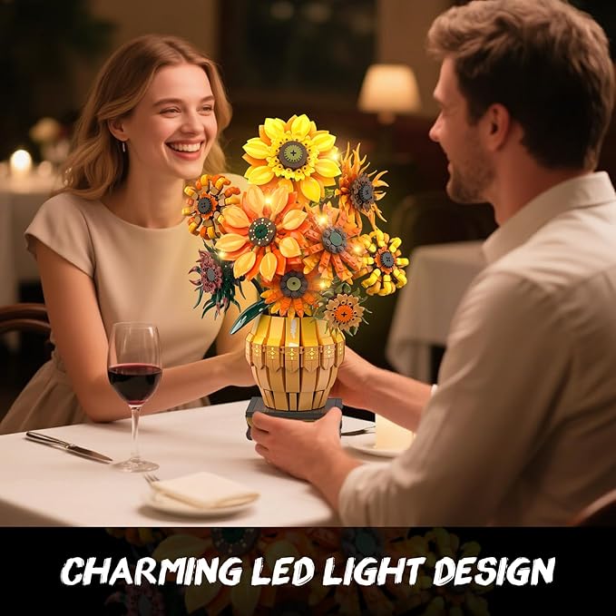 Sunflower Building Set with Lights Vase Base, Flowers Botanical Collection - Image 2