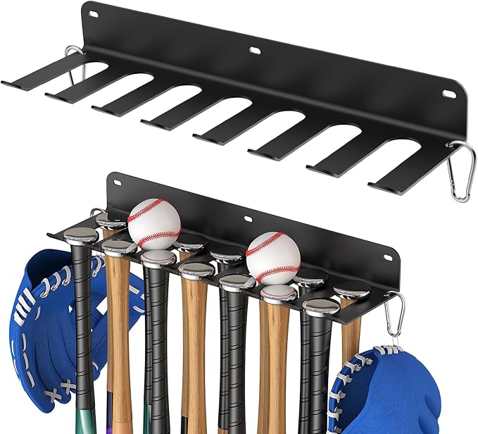 QBA 2 Pack Baseball Bat Rack, Baseball Bat Holder Wall Mount, Holds 14 Bats, Bat Organizer for Dugout Fence Home Garage, Black
