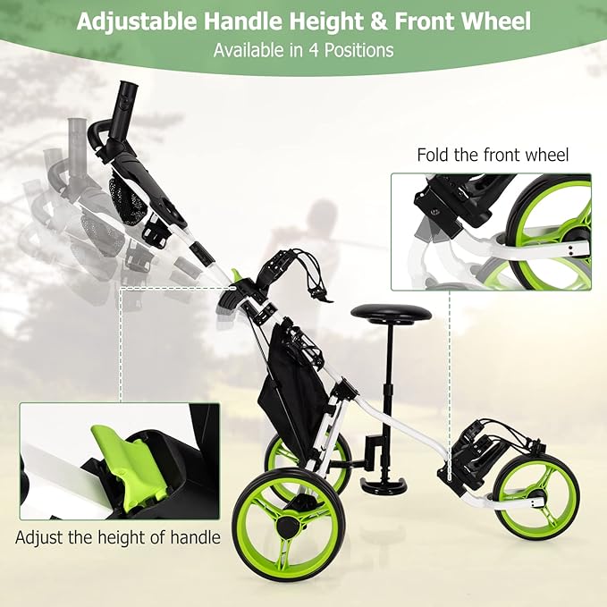 Tangkula Golf Push Pull Cart with Seat, Lightweight Folding 3 Wheels Trolley W/Storage Bag, Foot Brake, Adjustable Umbrella Holder & Seat, 4 Height Position Handle (Green)