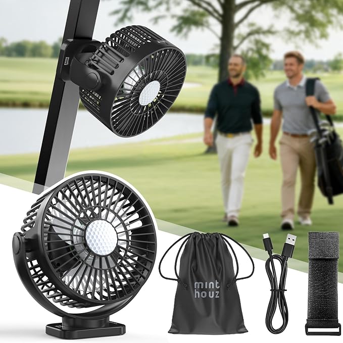 Minthouz Magnetic Golf Cart Fan, Rechargeable 12000mAh Fan, 3-Speed 360° Rotation, Timer Function, LED Lighting, Magnetic Base & Strap, Compatible with EZGO, Club Car, Yamaha Golf Carts