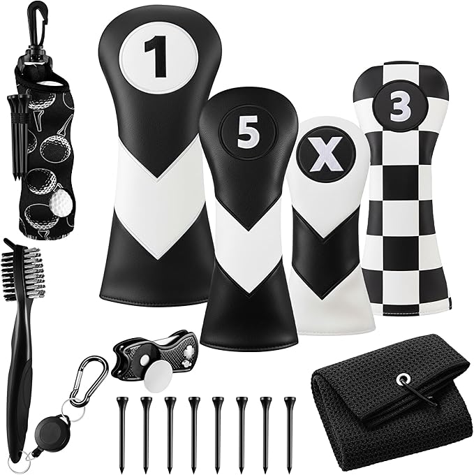 16 Pcs Golf Accessories Kit Include 4 Pcs Golf Club Head Covers, Ball Bag with Hook Towel Magnetic Ball Marker Tees Divot Tool Cleaner Brush for Gifts
