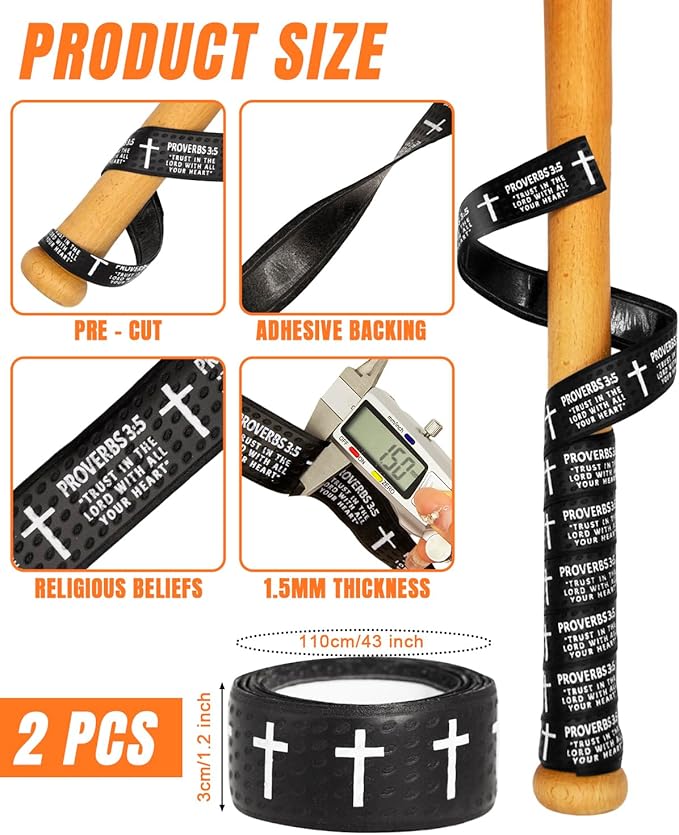 Piemow Baseball Bat Grip Tapes, Faith Cross Bat Grip Tape, 1.5mm Precut and Full Adhesive Baseball Wrist Tape, Scripture Designs Non-Slip Religious Baseball Grip Tapes for Sports