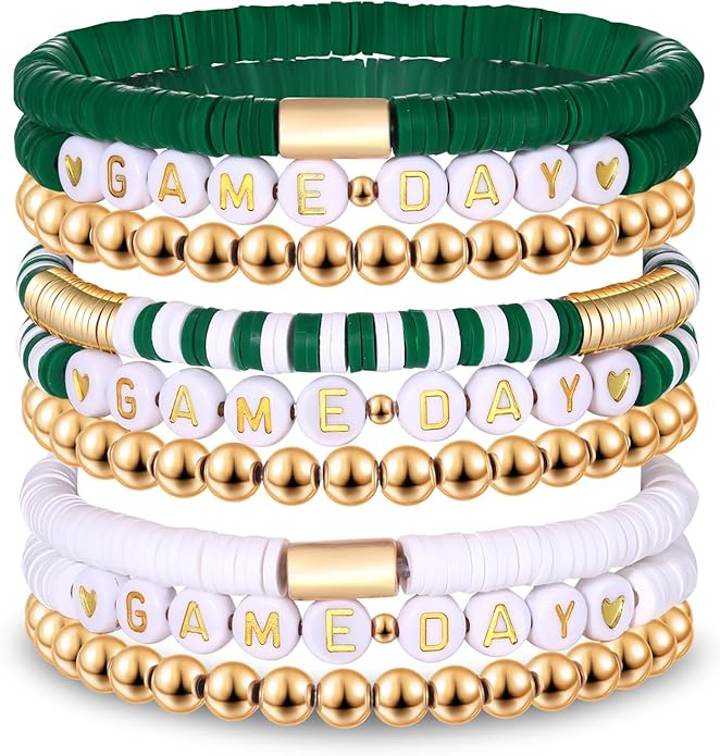 NLCAC 9 Pack Game Day Bracelets Stackable Heishi Beaded Stretchy Bracelet Preppy Jewelry Baseball Football Team Bracelets Sports Fan Accessories Gifts