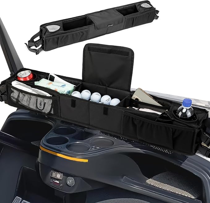 ROYALFAIR Golf Cart Front Storage Basket, with Insulated Cup Holders Golf Cart Storage,No Drilling Dashboard Tray Organizer,Compatible with Ezgo Drive Club Car Kandi Golf Cart