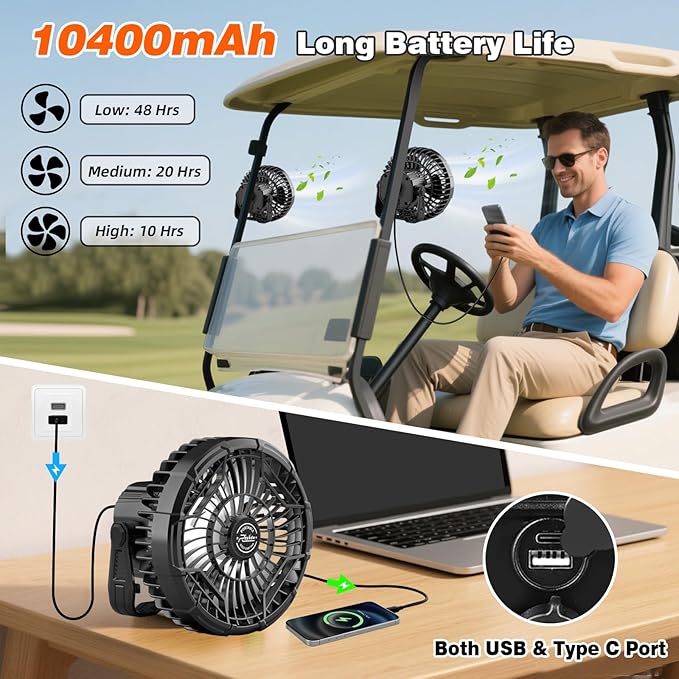 Roykaw 10400 mAh Magnetic Golf Cart Fan Portable Rechargeable Battery Powered, 24+ Hrs, w/LED Lights, Compatible with EZGO/Club Car/Yamaha & All Ironic-Body, Cordless & Remote Control, 2 PCS