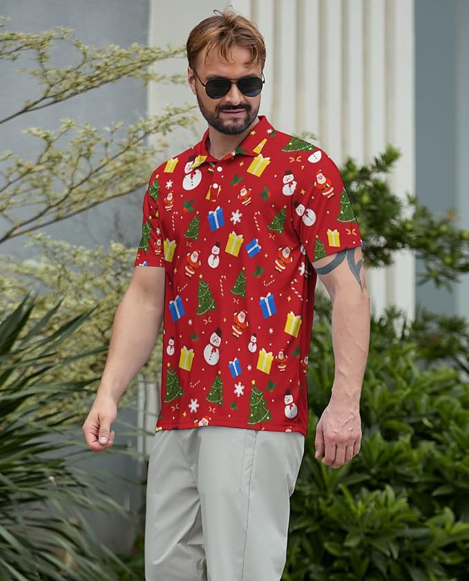 HUURAY Funny Golf Polos for Men Funny Print Short Sleeve Shirts Quick Dry Polo Shirts Hawaiian Shirt Performance Golf Outfits