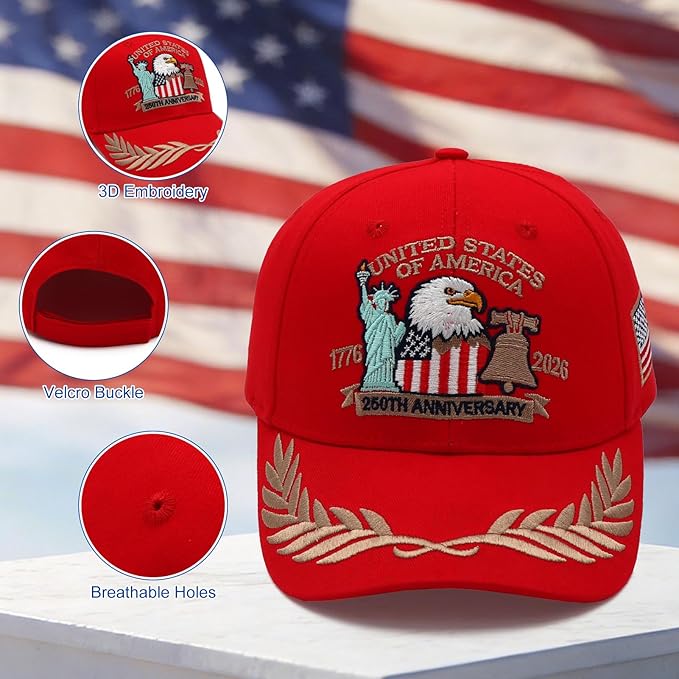 2 Pack 250 Anniversary USA Hat Embroidered Eagle & Liberty，Adjustable Patriotic American Flag Baseball Caps for Men Women