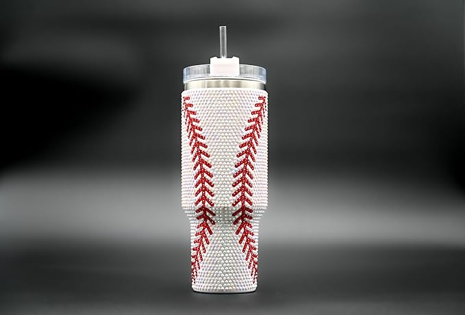 40 Oz Rhinestone Bling Tumbler Cup with Handle and Straw (BASEBALL), Stainless Steel and Double Wall Insulated