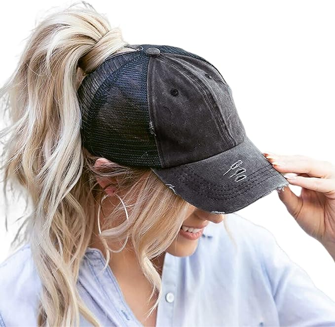 Eohak Distressed Ponytail Hats Baseball for Women Messy-Bun Pony Caps