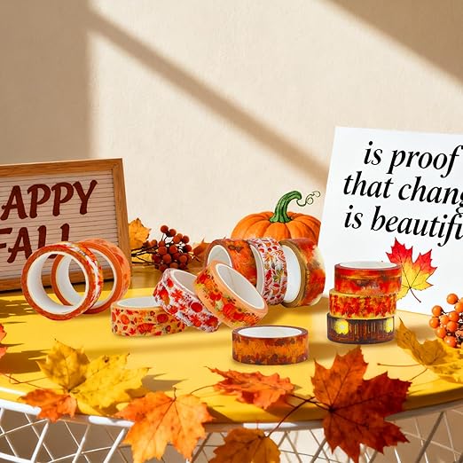 12 Rolls Autumn Washi Tape Set, Fall Maple Leaves Pumpkin Sunflower - Image 4