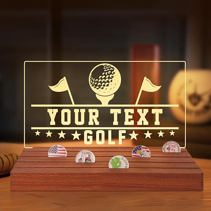 Customized Golf Ball Marker Display, Wooden Acrylic Accessories with Warm White Color Lights USB Powered, Desk Decor, Gift for Golfers