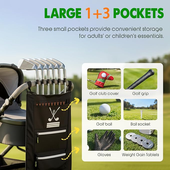 Universal Golf Stroller Attachment,Stroller Golf Bag for 6 Clubs + Putter,Golf Club Holder for Stroller with 3 Storage Pockets,Baby Caddy Golf Bag with Travel Pouch,Perfect Golf Gift for Parents