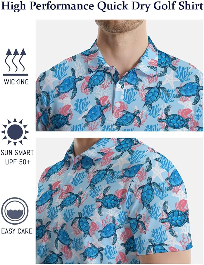 HUURAY Funny Golf Polos for Men Funny Print Short Sleeve Shirts Quick Dry Polo Shirts Hawaiian Shirt Performance Golf Outfits