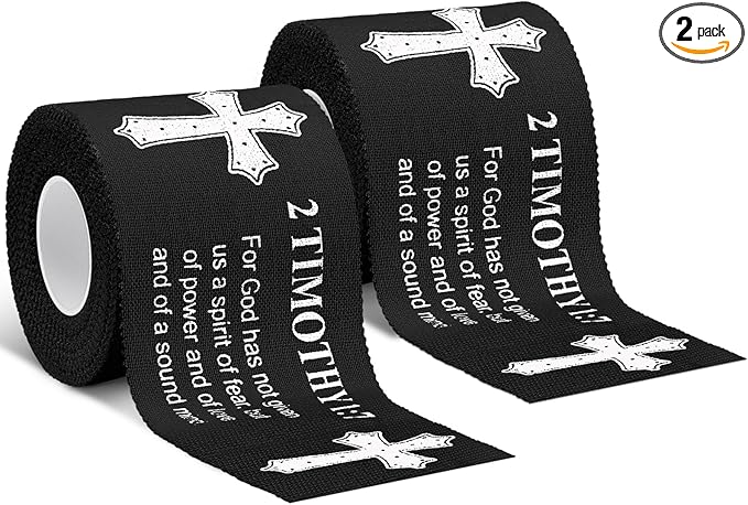 MiniInflat 2 Pcs Christian Cross Athletic Tape Sports Tape 2in x 23ft Religion Jesus Wrist Wrap for Soccer Football Baseball, Gift for Graduation Teacher Nurses Week Pentecost(Black,2 Timothy 1:7)