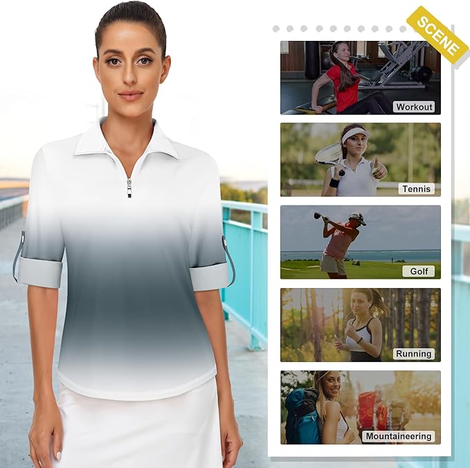 Koscacy Women's 3/4 Roll Sleeve Golf Tennis Polo Shirts UPF50+ Half Zip Dry Fit Workout Tops Athletic Shirt