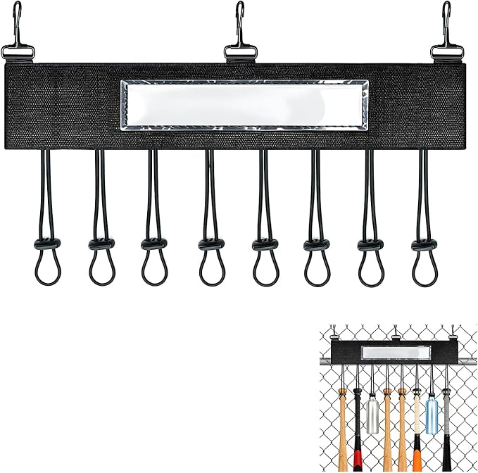1Pcs Dugout Organizer, Baseball Softball Bat Holder Wall Mount with 3 Fence Hooks 8 Hanging Strap and Name Tag, Bat Rack Accessories for Dugout Fence Team Coach Players Gifts