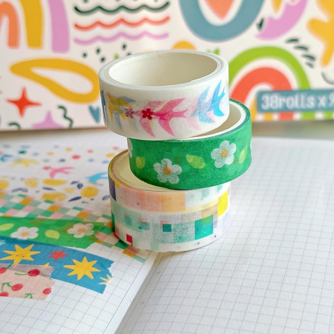 38 Rolls Washi Tape, Aesthetic Colored Decorative Cute Scrapbook Tape - Image 5