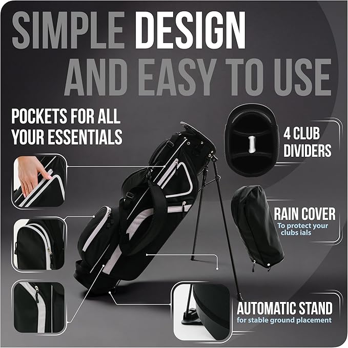 Ultra-Lite Golf Stand Bag - 3 Lbs, 4 Way Divider Portable Golf Club Carry Bag, Water-Repellent Golf Travel Case with Rain Hood, Golf Gifts for Men and Women