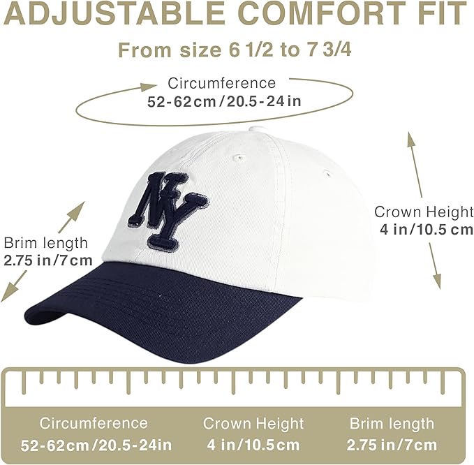 NY 3D Embroidered Cotton Dad Hat – New York Baseball Cap, Adjustable Metal Buckle Strap, Unstructured Low-Profile Style