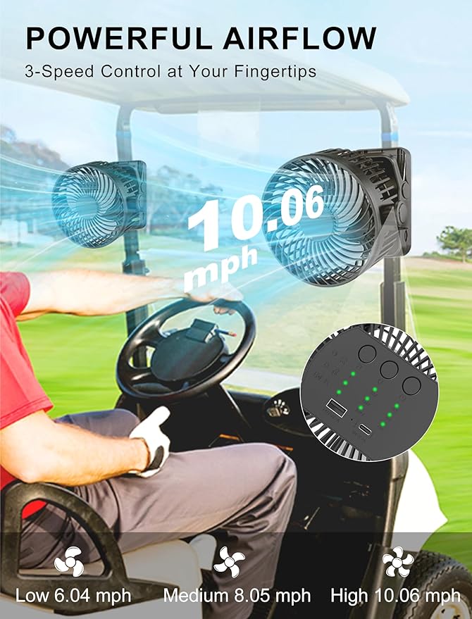 Magnetic Clip on Fan for Golf Cart, 12000mAH Battery Operated Portable Fan with 3 Speeds, LED Lantern, Magnetic Base, Suitable for EZGO Club Car Yamaha, Golf Cart & Cruise Ship Accessories