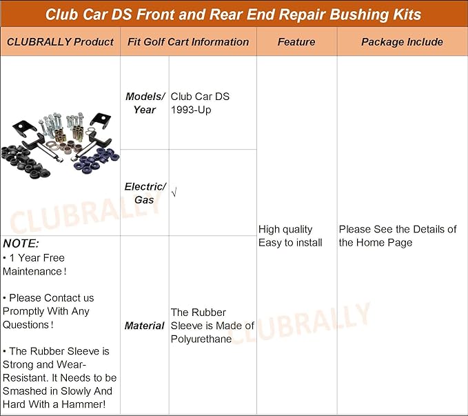 Club Car DS Deluxe Golf Cart Front and Rear End Repair Bushing Kits, Club Car Front End Rebuild Kit for Club Car DS 1993-Up