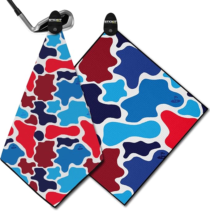 STICKIT Magnetic Golf Towel - Ultra-Absorbent with Waffle Weave Microfiber - Golf Towel with Magnet for Bags, Clubs & Carts - Removes Dirt, Grass, & Debris from Club Face - 29” x 29” (Patriotic Camo)