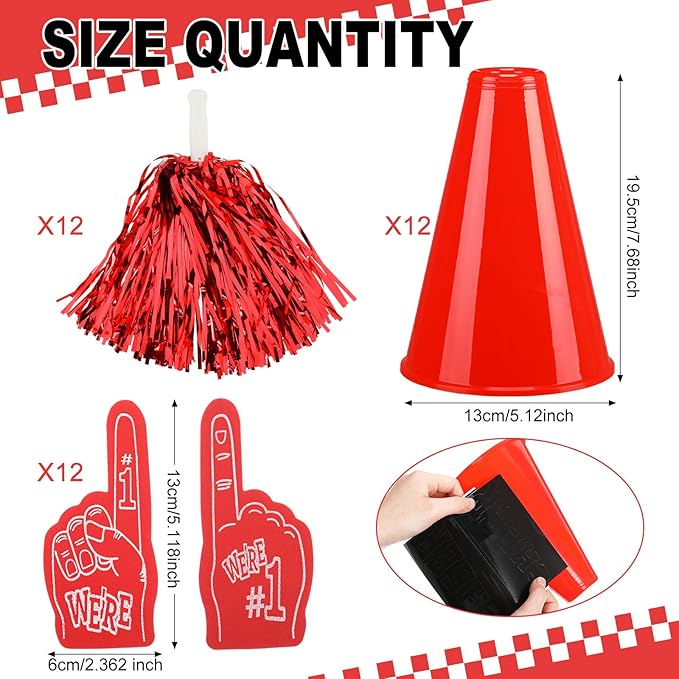 12 Set Team Spirit Accessories for Cheerleading Cheer Megaphone Pom Poms and We're #1 Fan Foam Finger Cheerleader Gifts for Sports Events Football Baseball Cheering Supplies