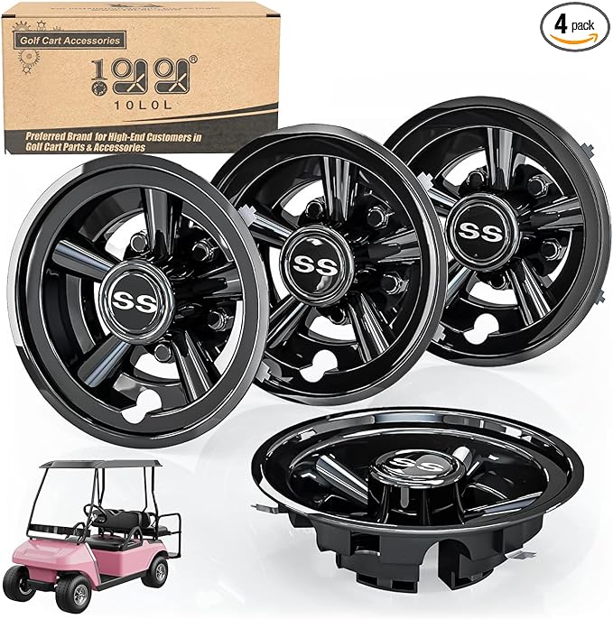 10L0L Golf Cart Wheel Covers Hub Caps for EZGO, Club Car, Yamaha - 8 Inch Snap-on Installation, Black, Set of 4
