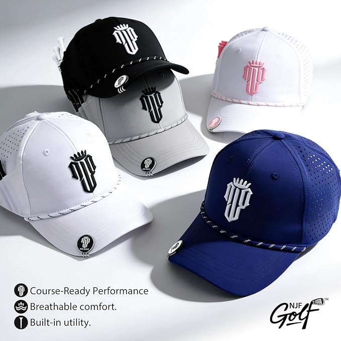NJF Golf Hat Men - Breathable Mens Golf Hats, Adjustable Rope Hook and Loop Style Cap, Convenient Cap with Tee Holder