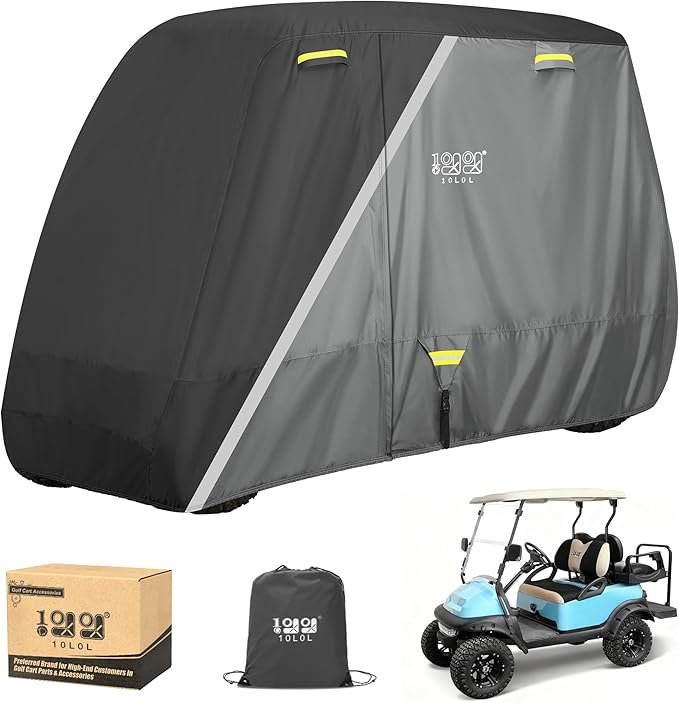 10L0L Golf Cart Cover 2/4/4+2 Passenger for Yamaha EZGO Club Car, Heavy Duty 420D Waterproof Windproof Durable Oxford Golf Cart Cover with 3 Zipper Doors for All-Weather Protection (Black/Silver)
