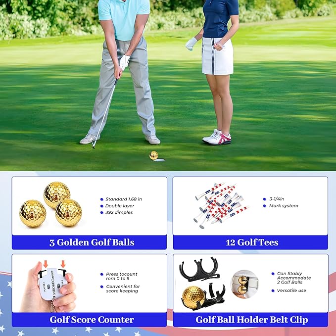 Golf Gifts for Men and Women, Golf Accessories Set with Gold Golf Balls, Telescope, Golf Tees, Brush, Divot Tool, Golf Green Reader, Scorer, Golf Ball Clamp Golf Tool Set Storage Case (Brown)