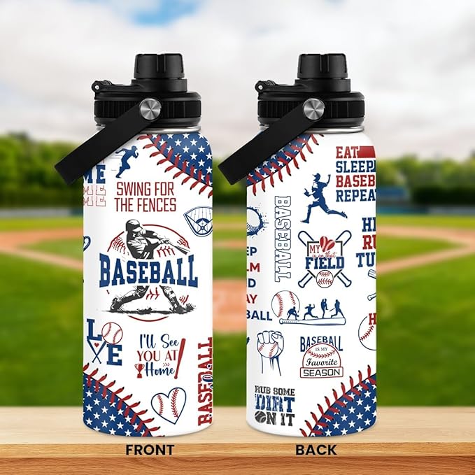 Baseball Water Bottle - 32oz Stainless Steel Insulated Sport Bottles with Lid - Men Baseball Lover Player Fan Coach
