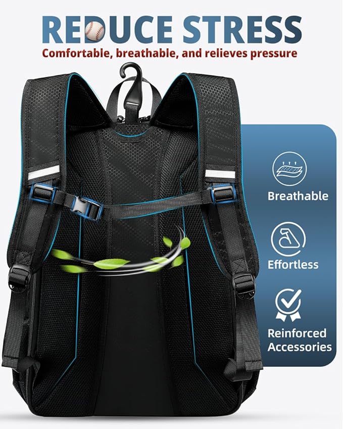 COMECOI Baseball Bag, Baseball Backpack with Helmet Shoes Bag for Youth, Adult, Lightweight Softball Bag with Fence Hook Hold TBall Bat, Baseball Glove, Helmet, Caps, All Gear
