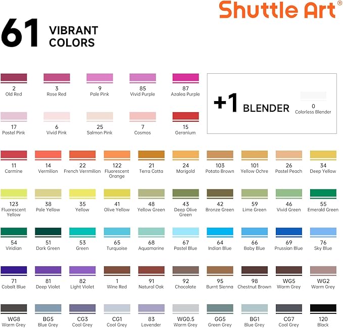 Shuttle Art 61 Colors Alcohol Markers, 60 Colors Dual Tip Art Marker Set Plus 1 - Image 2
