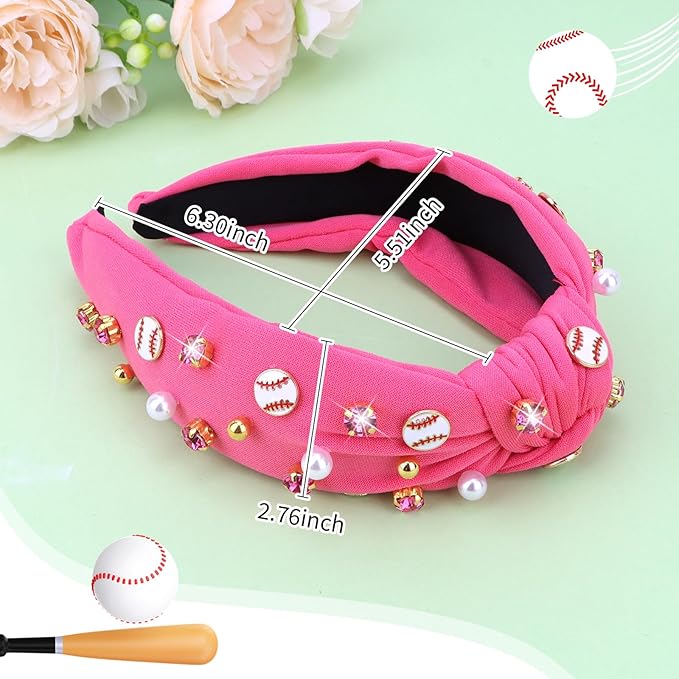 Baseball Headbands for Women Crystal Baseball Embellished Wide Top Knot Headband for Women Game Day Hair Accessories (Hot Pink)