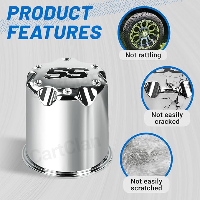 Golf Cart SS Wheel Center Cap Cover Fits 2.65" Dia Bore Wheel Rim SS Chrome Plastic Center Caps for EZGO Golf Cart Wheel-4 Packs