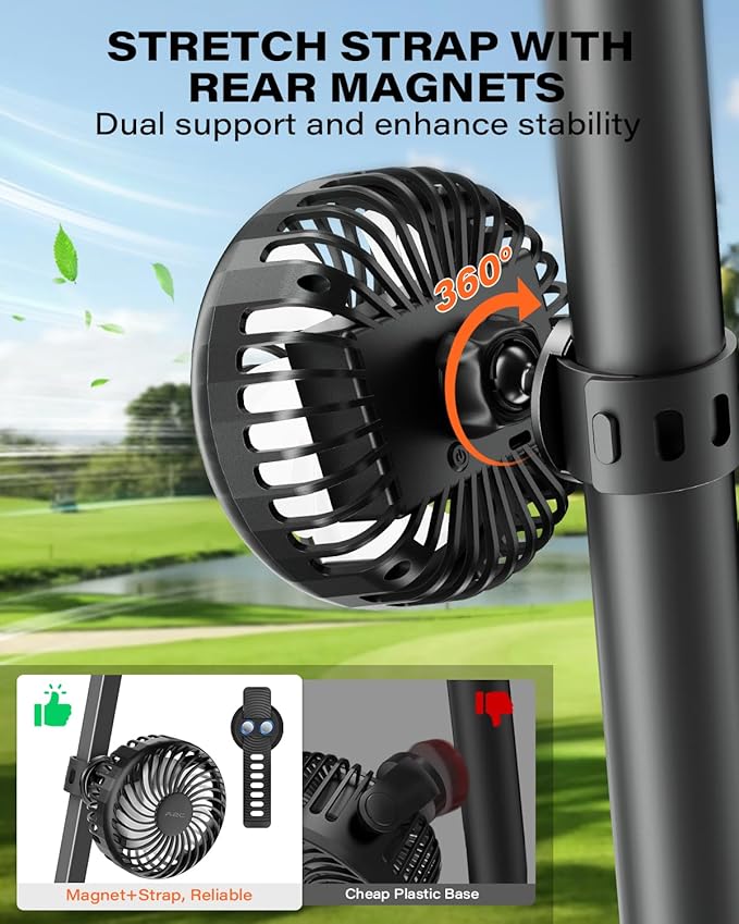 A2C Rechargeable Golf Cart Fan, 4000mAh Battery Operated Clip On Fan for EZGO Club Car Yamaha, 360° Rotating Portable Cooling Fan, 3 Speed Settings, Golf Season Course Cart Essential Accessories