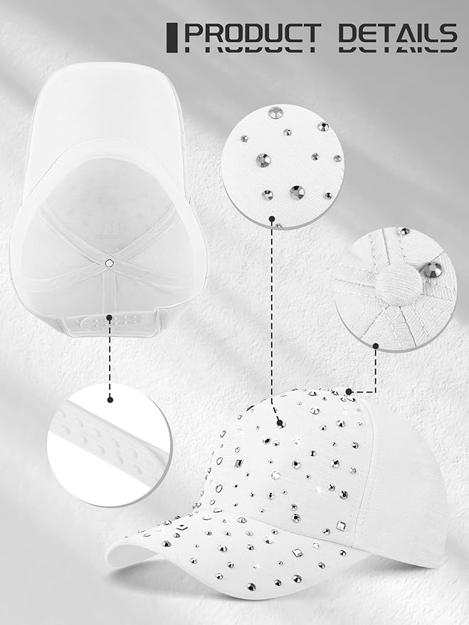 Loopeer 2 Pcs Adjustable Breathable Rhinestone Baseball Cap for Women Men Sequins Casual Sports Cap Rhinestone Hat