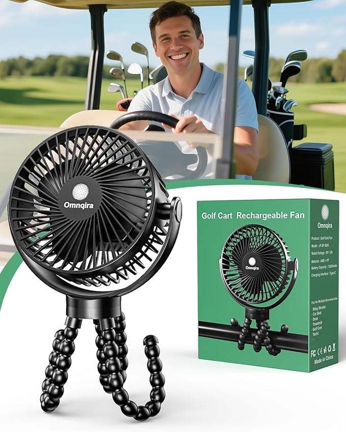 Golf Cart Fan Rechargeable, 12000mAh Battery Operated Portable Fan with 3 Speeds & Timer 360°Rotatable, Golf Palyer Essential Compatible with EZGO Club Car Yamaha Golf Accessories Gifts for Men Women