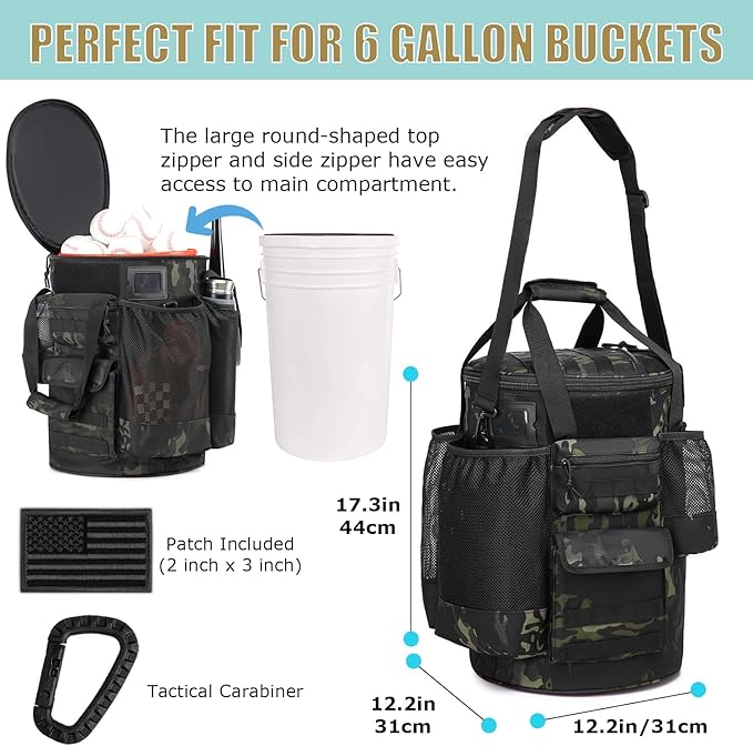 Baseball Bucket Bag Baseball Coaching Accessories Organizer Tactical Style Softball Bucket Bag with Anti-Slip Bottom, Multiple Pockets for Bat, Gloves, Scoreboards