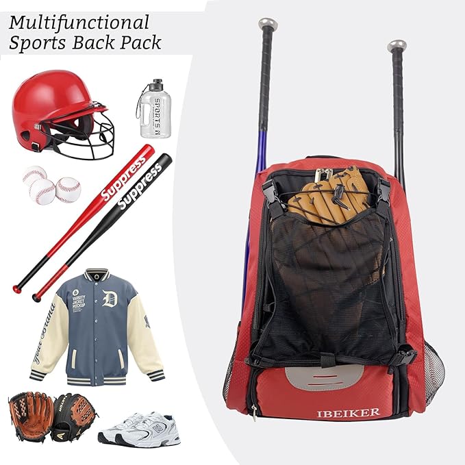Baseball Backpack for Adult and Youth,Large Capacity Bat Bag,For all bats and equipment,T-Ball & Softball Equipment & Gear, Large Main Compartment for Helmet & accessories