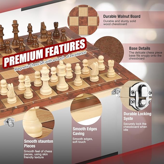 Chess Checkers Backgammon 3-in-1 Board Games Sets, Wooden Chess Set - Image 6