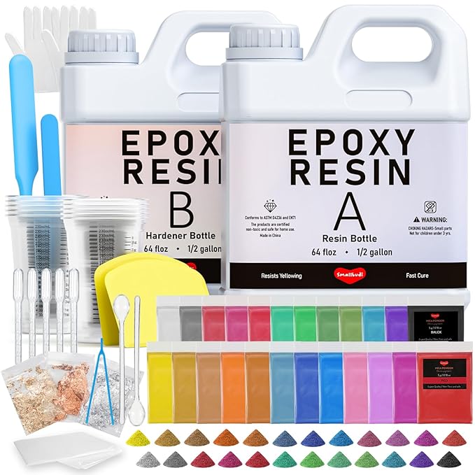 1 Gallon Epoxy Resin Kit with 24 Colors Mica Powder, Cups & Stick, Crystal by Smallbudi