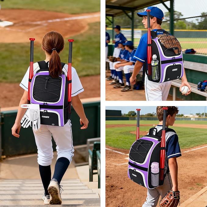 Youth Baseball Bag - Baseball Backpack Bat & Glove Holder, T-Ball & Softball Equipment & Gear,Large Main Compartment for Helmet & accessories, Fence Hook，Insulation Pocket